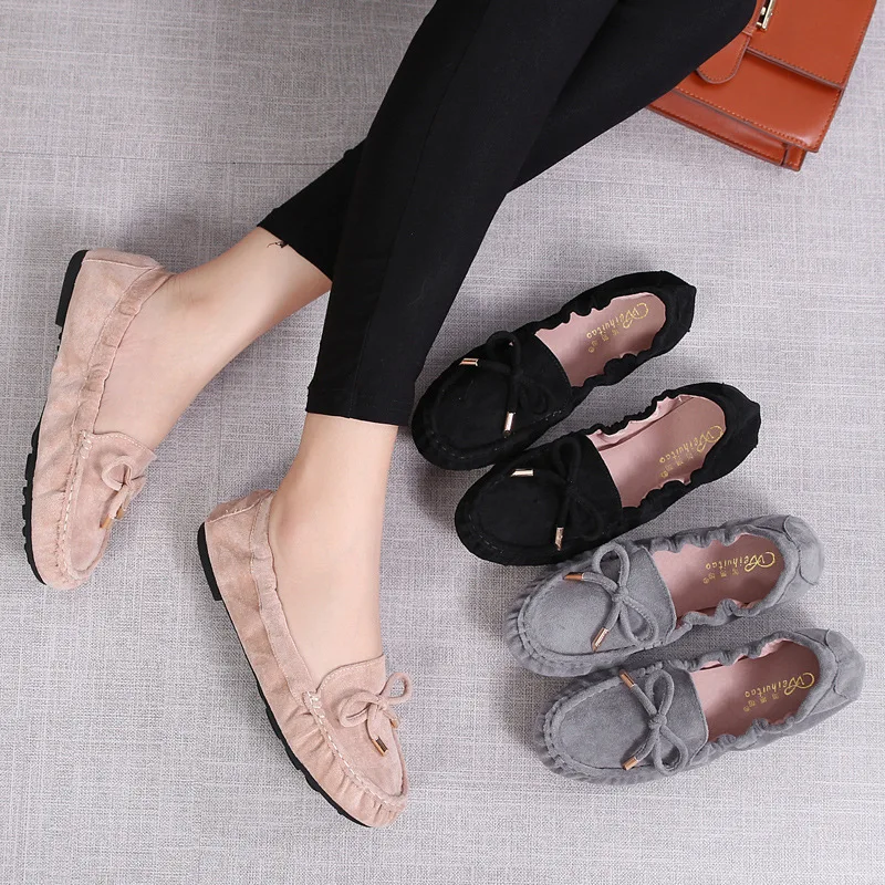 Suede Leather Bowtie moccasines women soft bottom foldabled flats round toe comfy pregnant shoes woman bow loafers big size 43