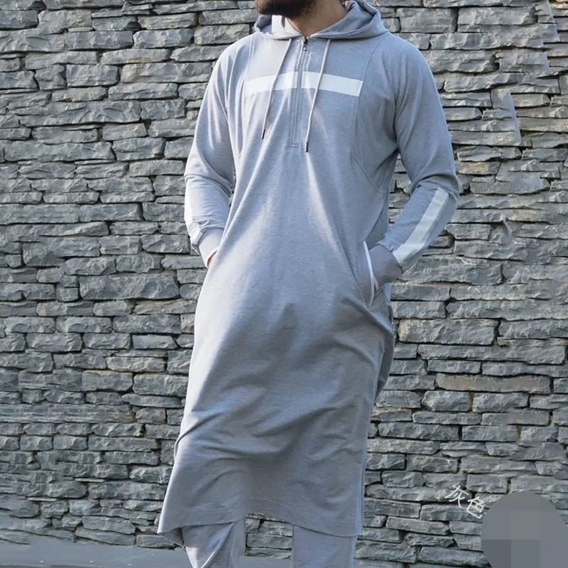 Men Clothing Muslim Abaya Islamic Kaftan Full Length Hooded Arab Costume Men Sweatshirt Oversize Male Tops Pullover Streetwear