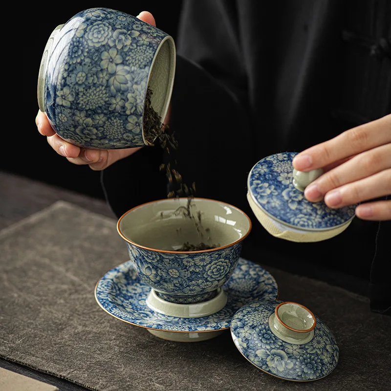 NEW Blue and White Porcelain Cup Single Piece Openwork Three-Talent Gaiwan Set Household Kung Fu Tea Bowl with Lid Non-Sc