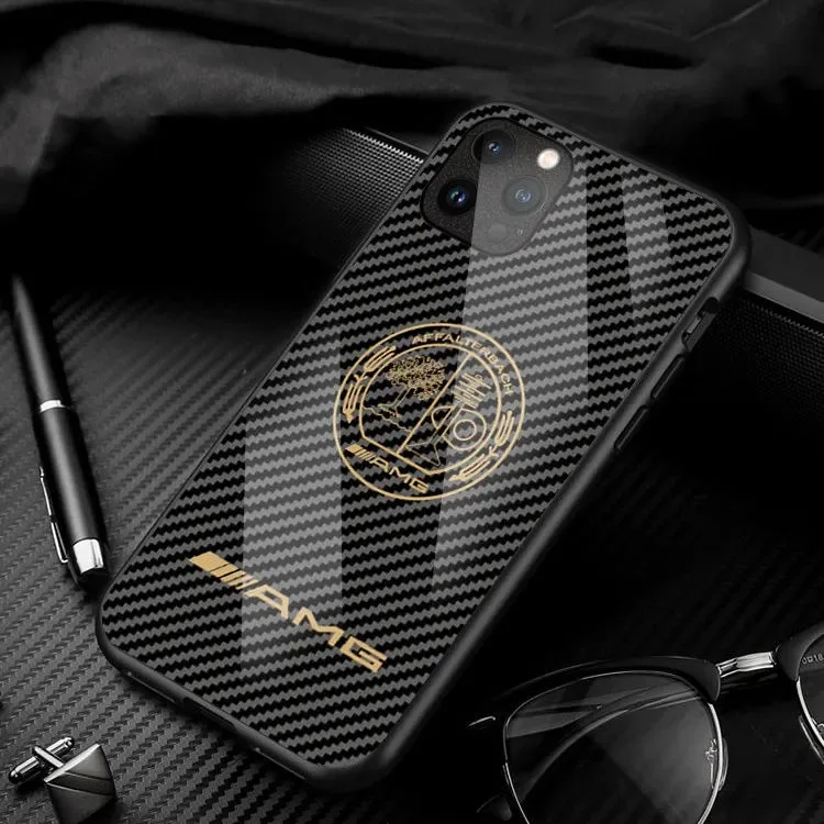 

Car AMG Emblem Tempered Glass Carbon Fiber Pattern All Inclusive Phone Case For iPhone 16 Pro 12 13 14 15 Max 7 8 Plus XR XS MAX