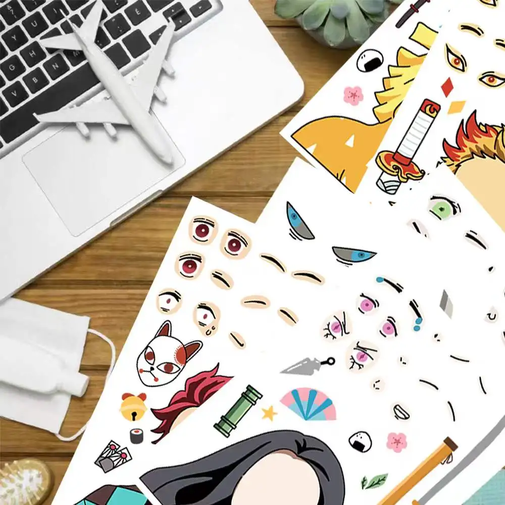 32Sheets Children DIY Puzzle Sticker Demon Slayer Face Funny Assemble Anime Stickers Kids Toys Boys Girls Gifts