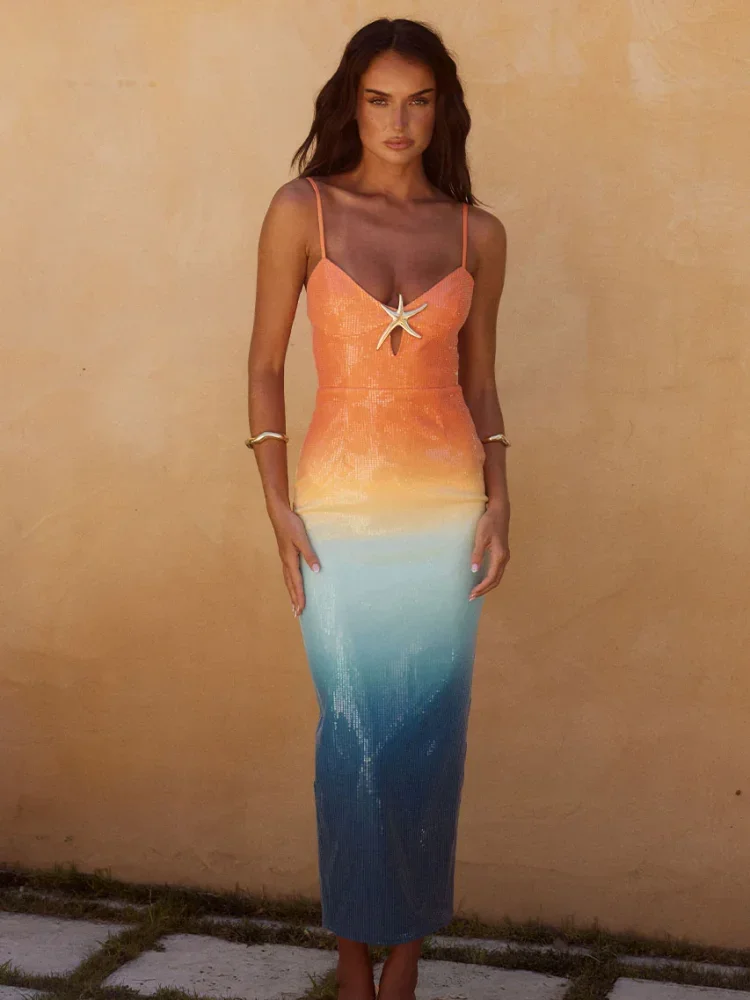 

Elegant Sexy Spaghetti Strap Gradient Sequin Starfish Long Dress Women Sleeveless Colorful Sequin Bodycon Party Holiday Sundress