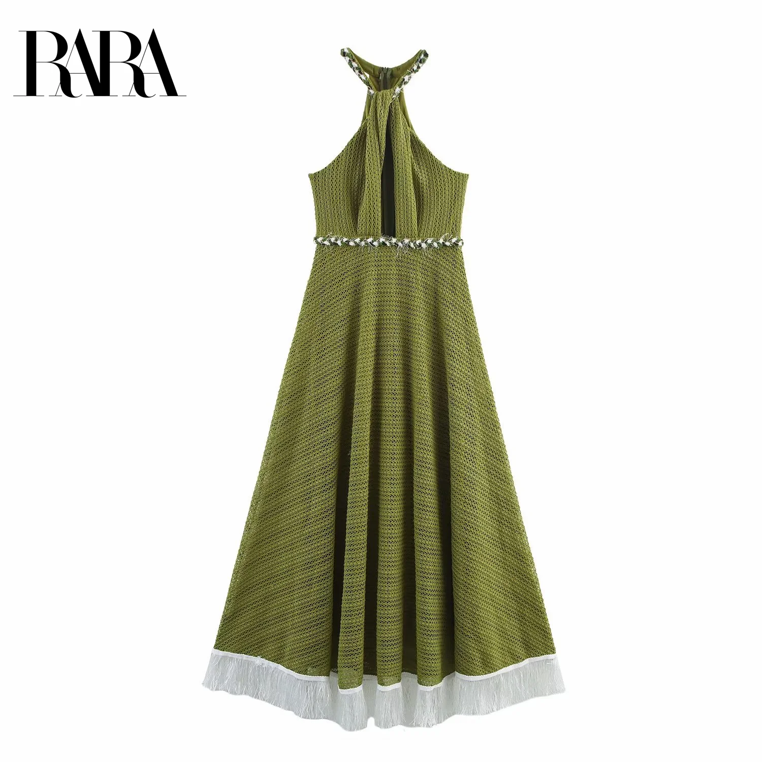 

RARA2025 new summer women's casual fashion sexy halter neck hollow tassel decoration mesh sleeveless mid-length dress