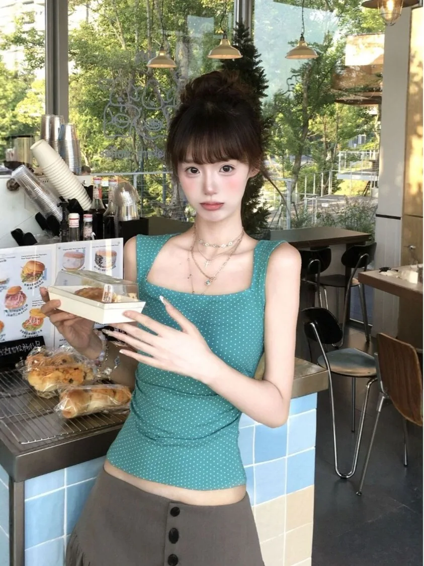 Slim Fit Polka Dot Square Collar Strap Vest Women's Summer New Style Breathable Casual Wear Inner Tank Top Green Hot Girl