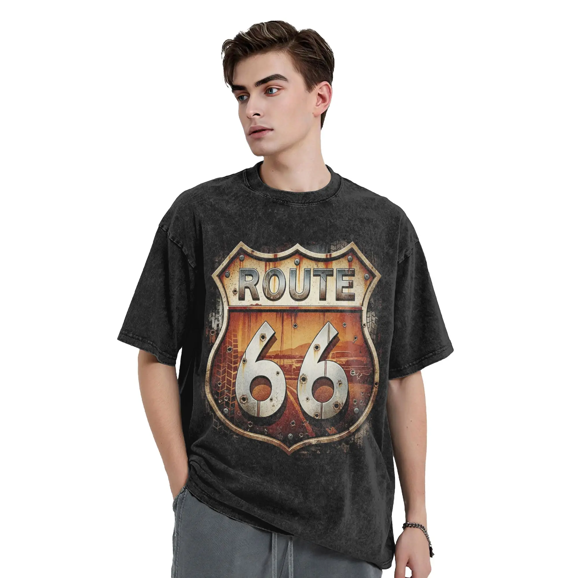 Rusted Route 66 Shield Washed T Shirts Streetwear Hip Hop Novelty T-Shirt  Tees for Men Women Short Sleeve Oversize Printed