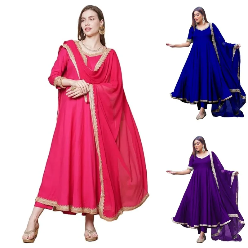 

Women Rayon Blend Anarkali Solid Kurta with Pant & Dupatta Occasion Wear Kurta