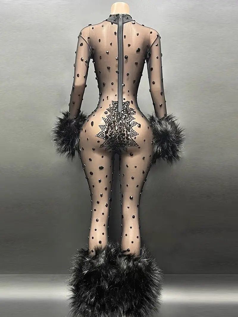 Luxury Shining Diamonds Rhinestones Black Feathers Long Sleeve Sexy Bodycon Jumpsuit Evening Dress Singer Stage Show Dress