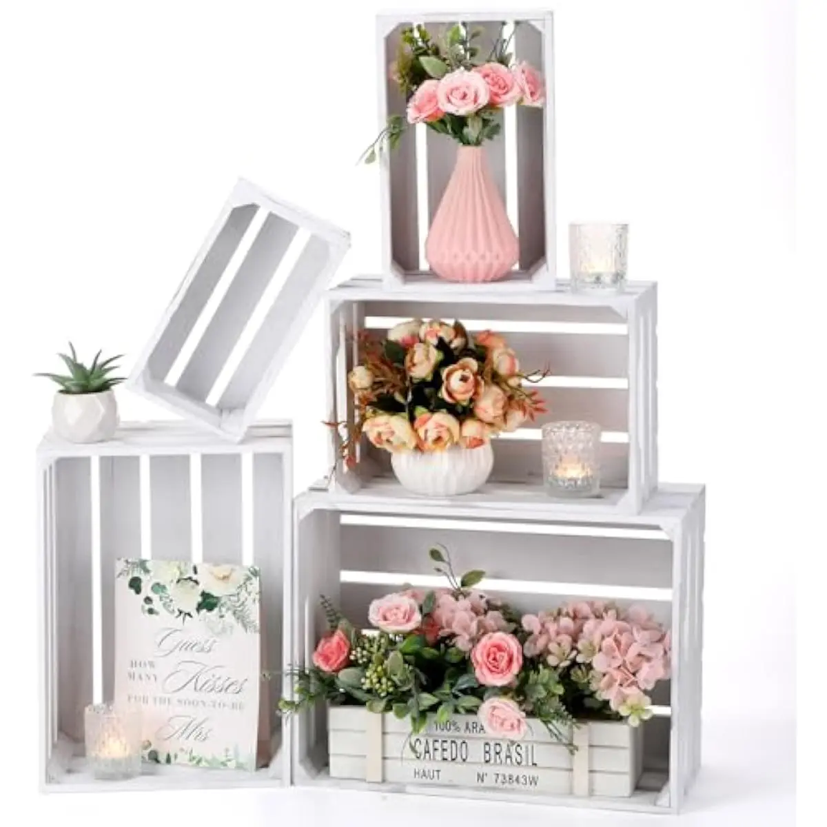 5 rustic pine nesting crates with ergonomic handles, vintage white finish, varying dimensions from 4.7x8.5x3.7 to 11x14.8x6.1 in