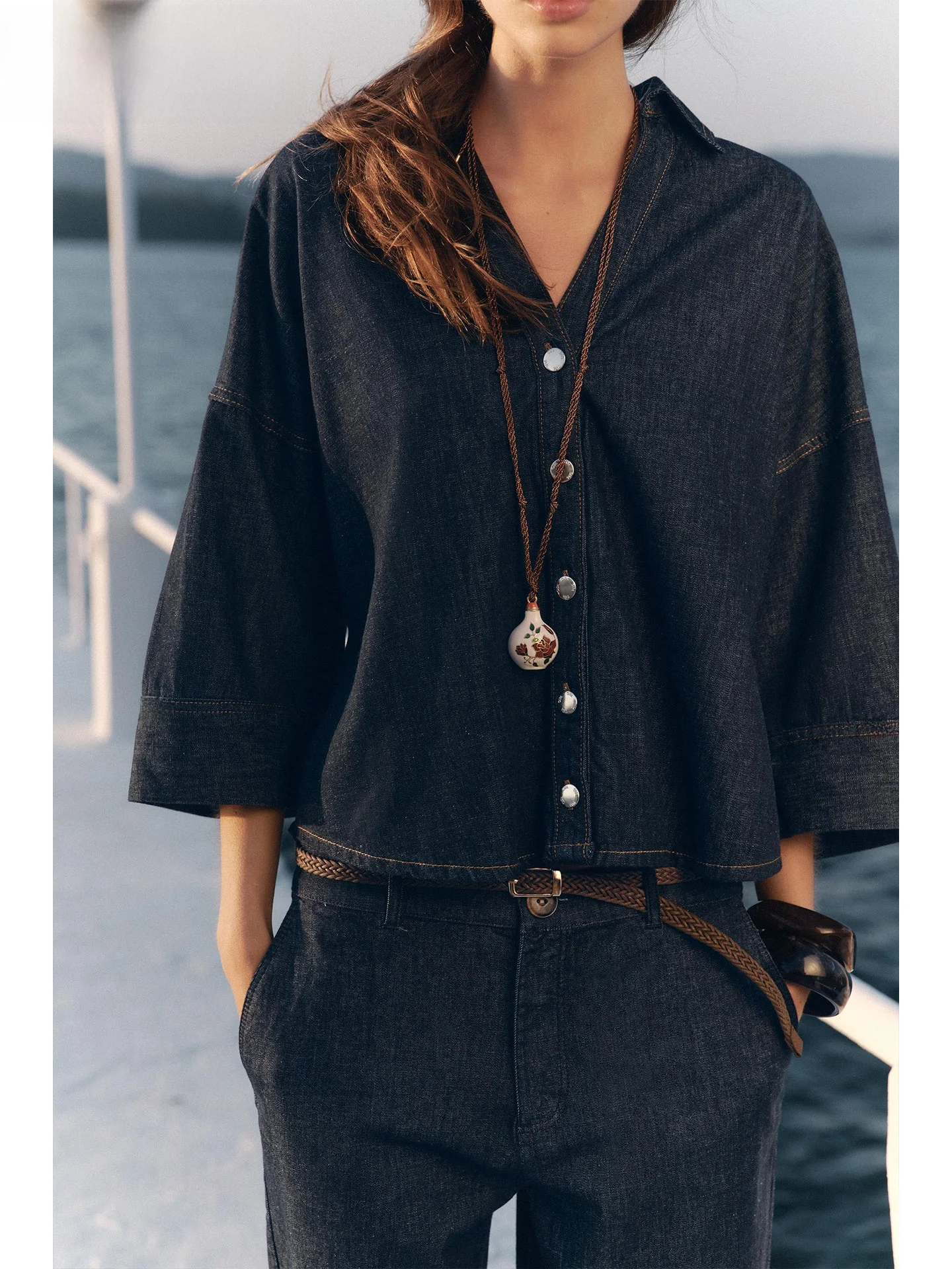 

ZAPRHA, лето 2022, женские модные джинсовые джинсы с широким воротником све и v-образным вырезом, свободный крой, длинные све, однотонные, повседневные