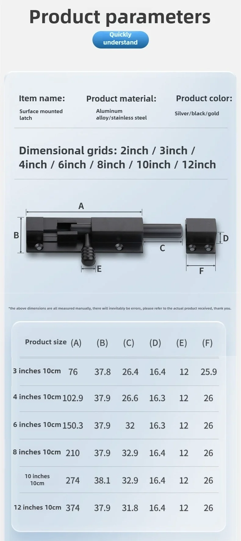 Aluminiumlegierung Türsicherheitsschloss Fensterriegel Hochbelastbar Verstärkter Schiebetor-Turmriegel Verschluss Haushaltsbeschlag – Detail 11