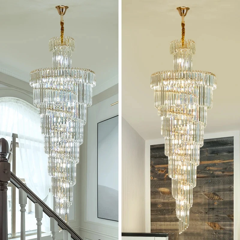 

Long Crystal Staircase Gold Chandelier Modern Loft Crystal Lamp Luxury Villa Hotel Hall Living Room Large Chandelier Home Decor