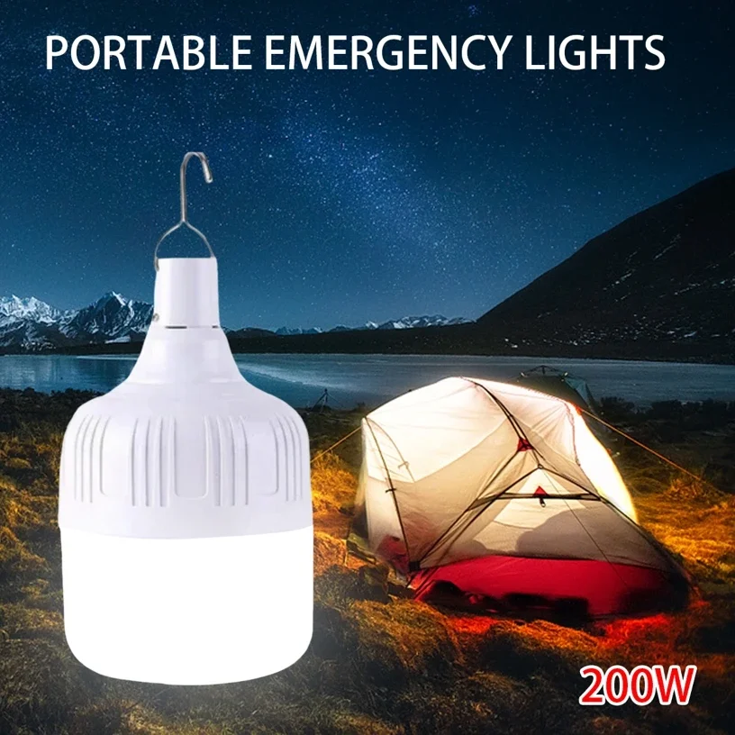 Luz de emergência LED portátil, 200W, Tent Charging, Gancho, Exterior, Ajustável, USB, Churrasco, Pesca, Camping, Lâmpada