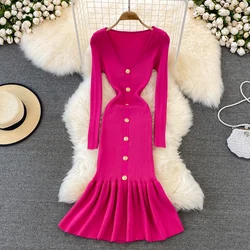 Chic V Neck Long Sleeve Elegant Mermaid Dress Sexy slim Evening Party French Fashion Knit Vestidos High Waist Autumn Slim Robe