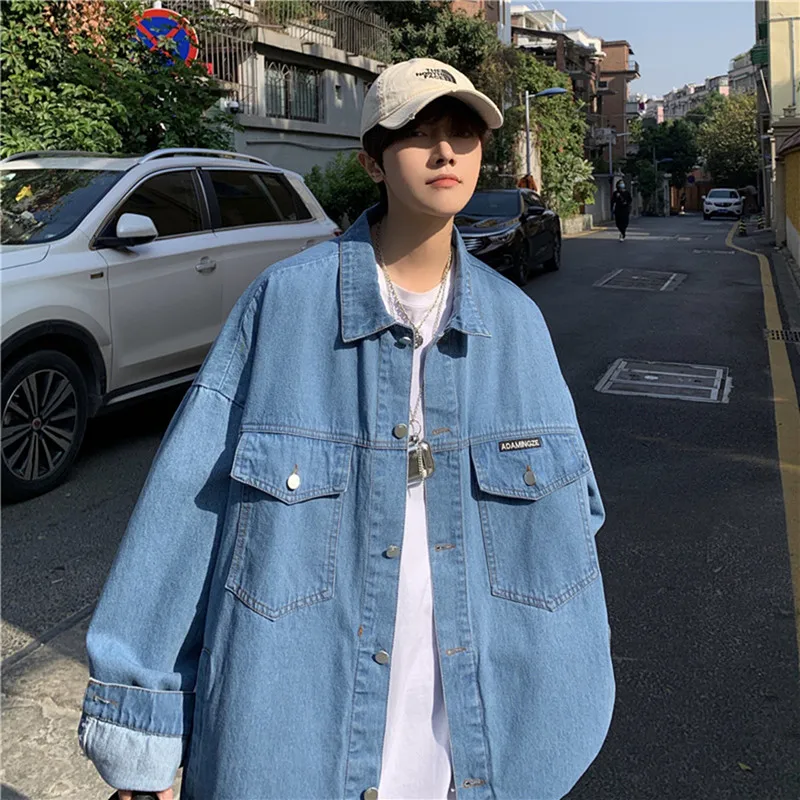 

Korean Style Denim Jacket Men Streetwear Single-Breasted Loose Long Sleeves Tops Turndown Collar Casual Solid Jaqueta Jeans