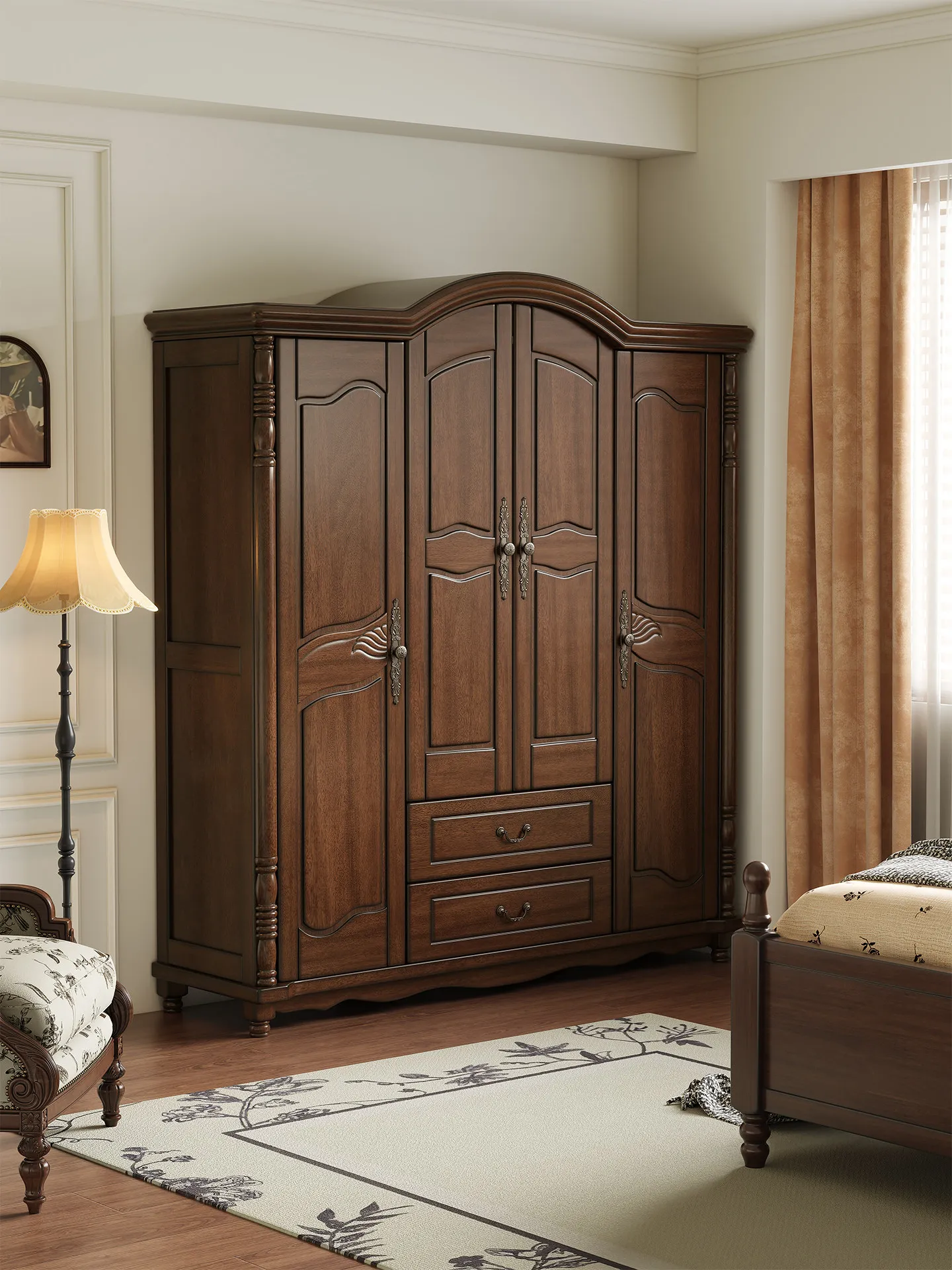 Retro solid wood wardrobe, bedroom furniture, four doors to open the door, storage wardrobe
