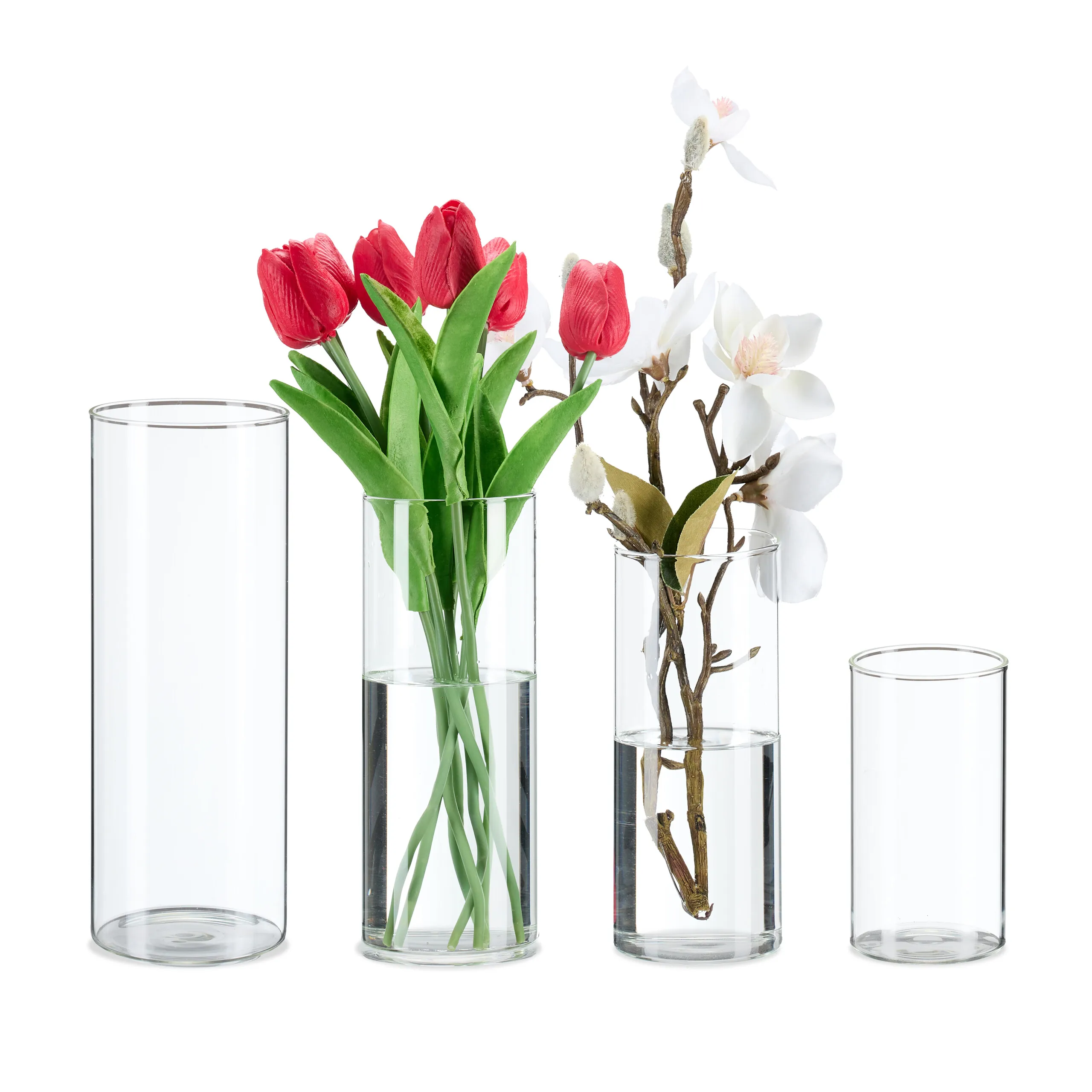 Vasi per fiori, set da 4, quattro dimensioni diverse, per fiori e candele, in vetro, trasparenti, 10-25 cm, per decorare la tavola, vasi decorativi, Relaxdays.