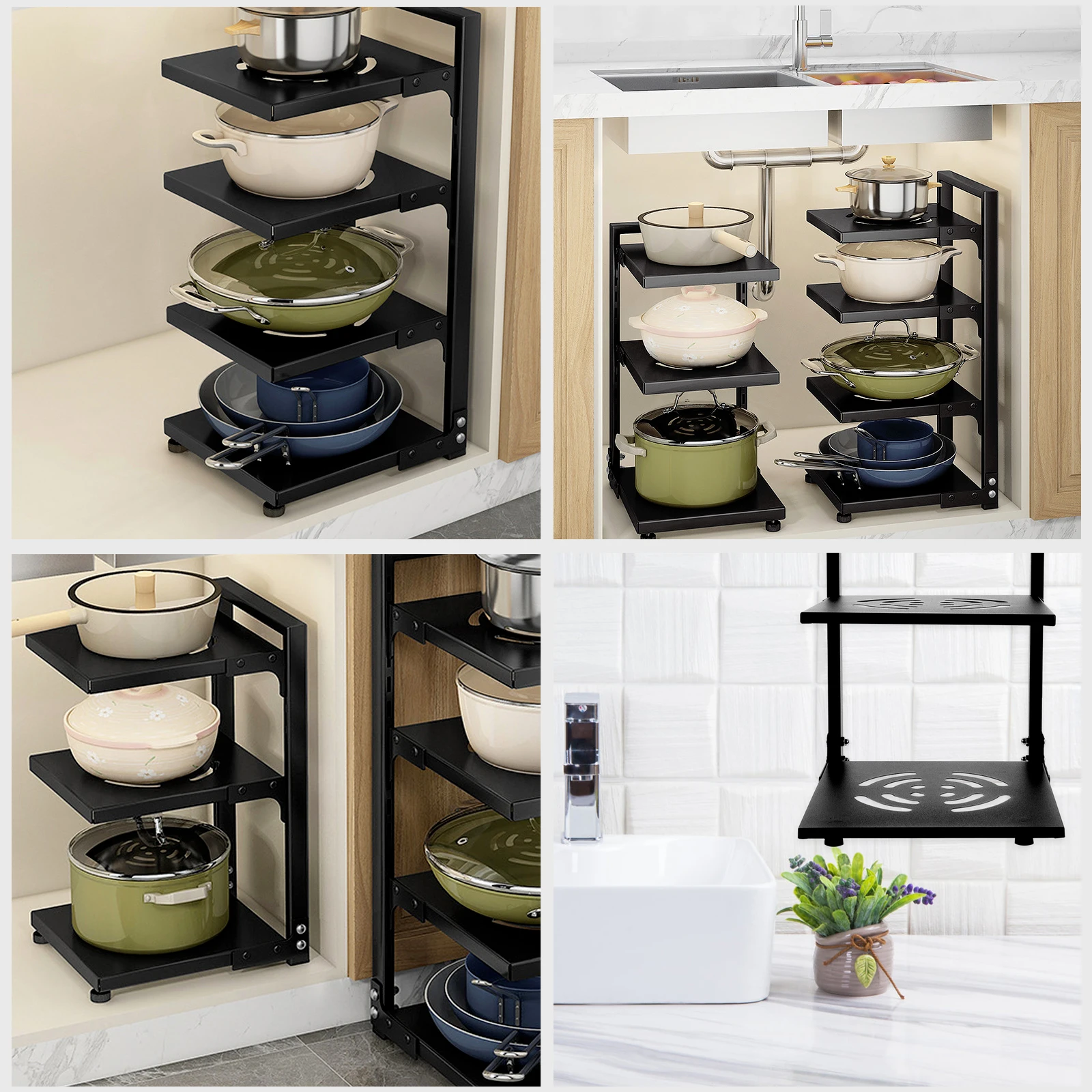

3-Tier Adjustable Pot Organizer Under Cabinet Heavy Duty Pan Storage Rack Cookware Holder For Kitchen Sink Carbon Steel Pots