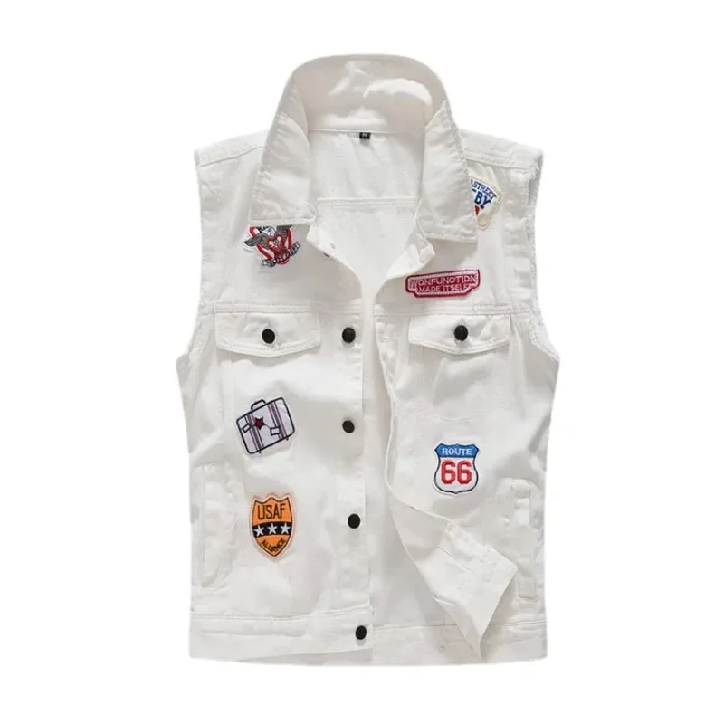 

Men White Denim Vests Waistcoats Jackets New Fashion Male Slim Fit Denim Coats Vests Street Wear Holes Jeans Vests Size S-5XL