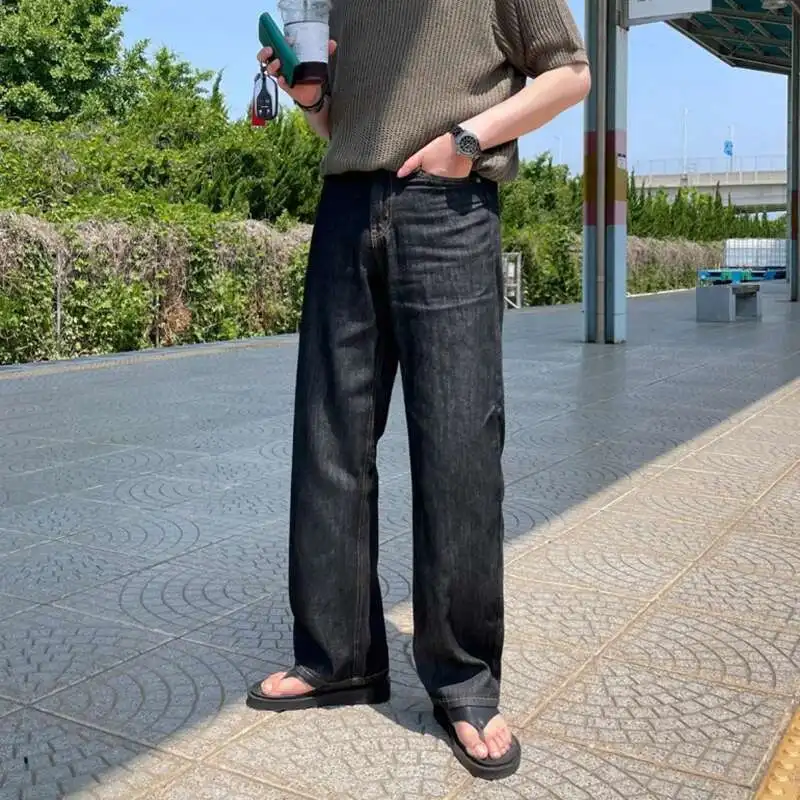 

New Korean Style Chic Men Jeans Simple Casual Solid Color Handsome Men's Summer Wide Leg Straight Denim Pants fashion women OTB8