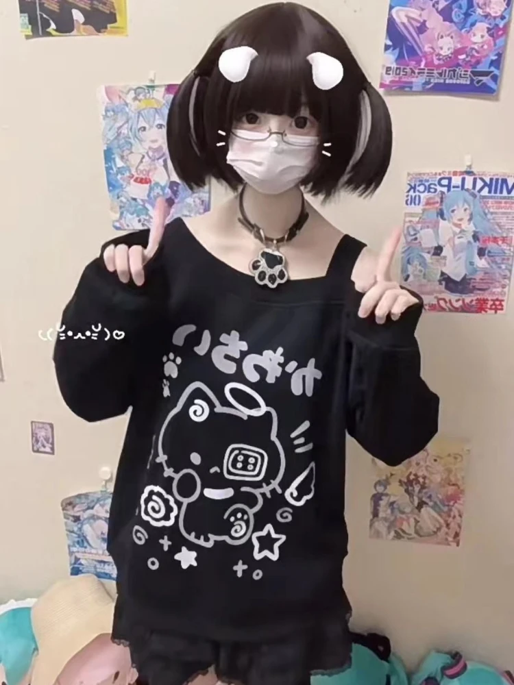 

HOUZHOU Black Kawaii Juminocore Women Pullovers Y2k Gray Cute Off Shoulder Long Sleeve Japanese Style Hoodies Oversized Casual