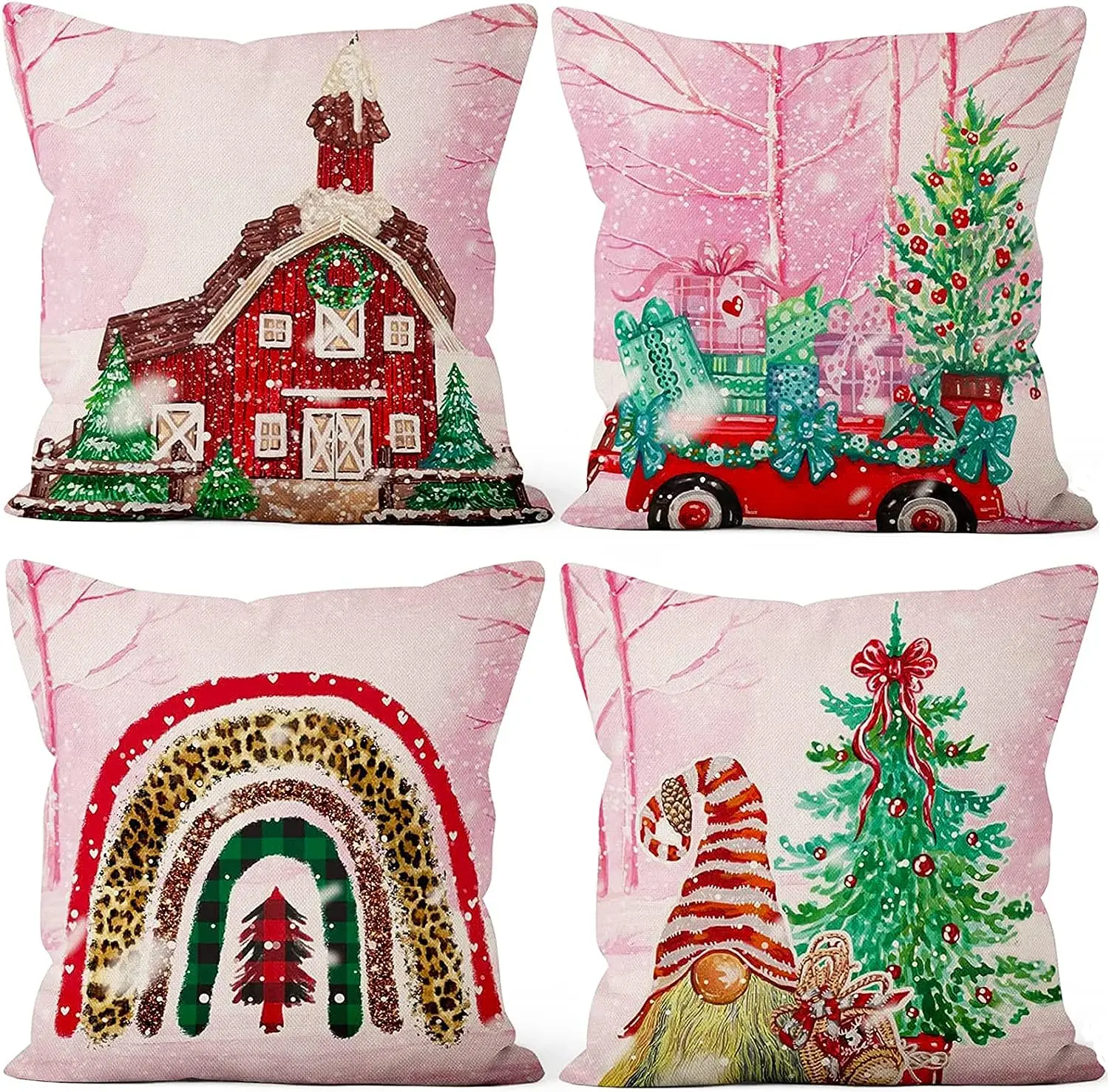 Pink Christmas Pillowcase Red Truck Throw Pillowcase Christmas Decorations Winter Outdoors Courtyard Cushion Cover Linen Square