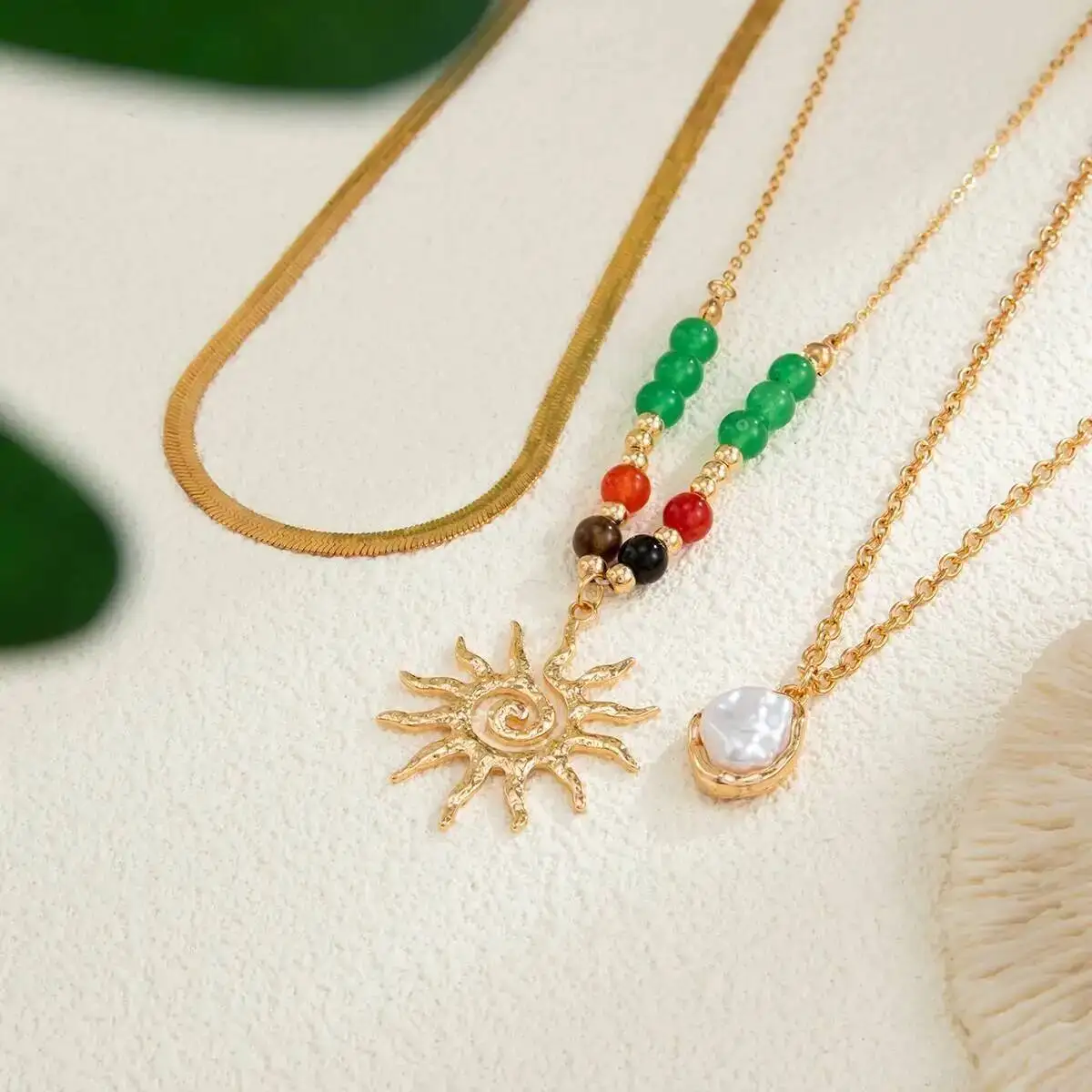 KunJoe 3 Pcs/Set Boho Imitation Pearl Sun Pendant Necklace for Women Ethnic Multilayer Flat Snake Chain Necklace Beaded Choker