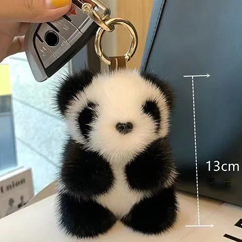 Panda Plush Doll Women Bag Ornaments Cute Imitation Mink Fur Panda Car Keychain Cute Bear Car Key Chain Fashion Girls Gift