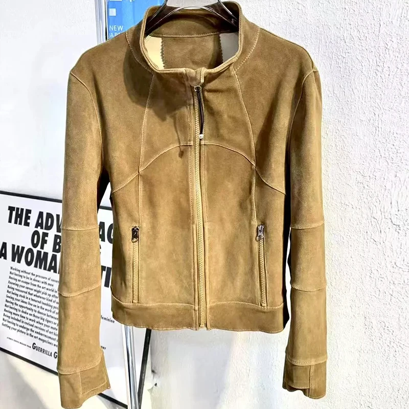 Imported Lambskin Slim-fit Real Leather Jacket for Women 2026 New Casual Stand Collar Zipper Female Suede Sheepskin Short Jacket