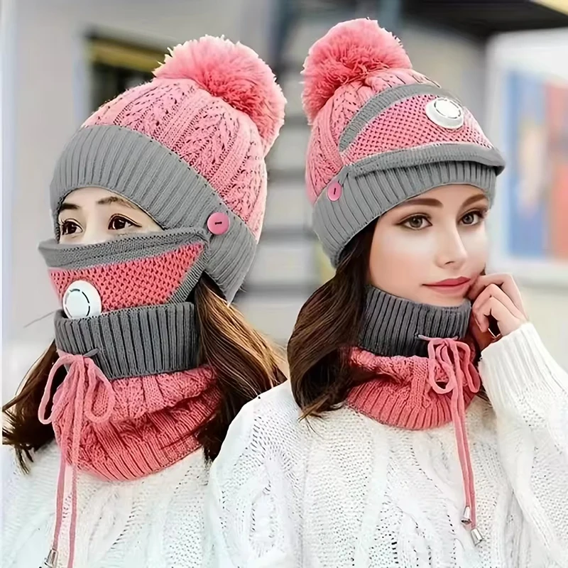 3PCS Winter Fashion Warm Scarf and Hat 3-Piece Set for Women Knitted Printed Skin Friendly Breather Valve Warm Earcup Accessory