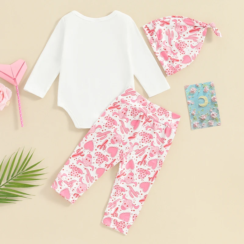 

Infant Baby Girls Valentines Day Outfits Long Sleeve Letter Print Sweatshirt Romper Cactus Print Pants Hat 3PCS Set