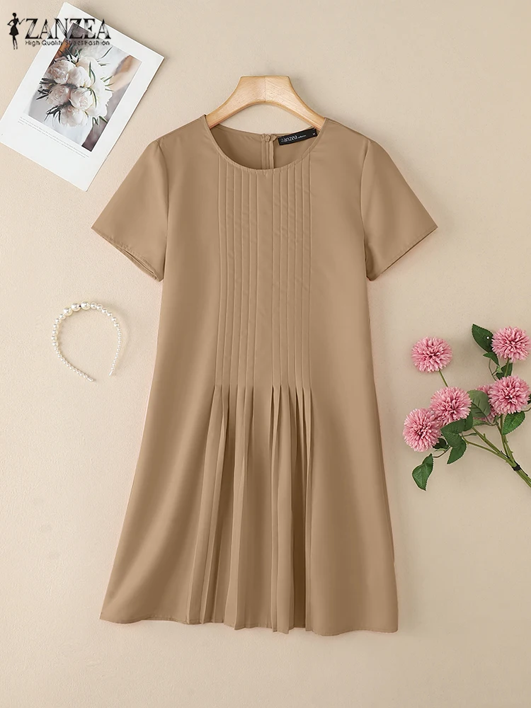 2025 ZANZEA vestido de verano para mujer, bata de manga corta hasta la rodilla, vestido elegante liso de corte A OL, vestido veraniego de trabajo, vestidos elegantes de oficina para mujer