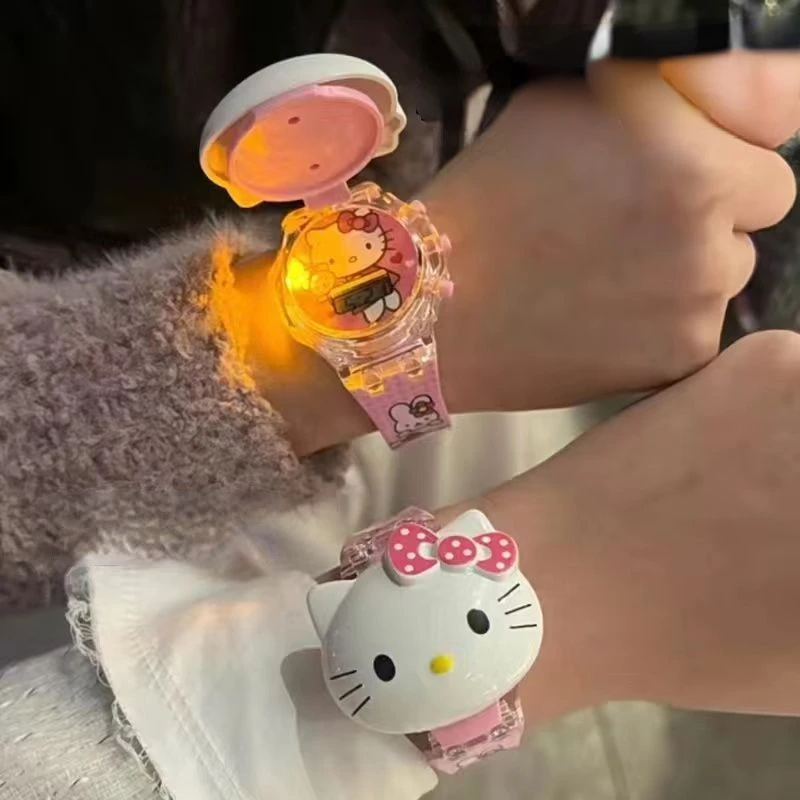 

Hello Kitty Sanrio Kuromi Stitch Cute KT Cat Glow Watch Flip Cover Digital Watch Flashing Light Student Accessories Girls Gifts