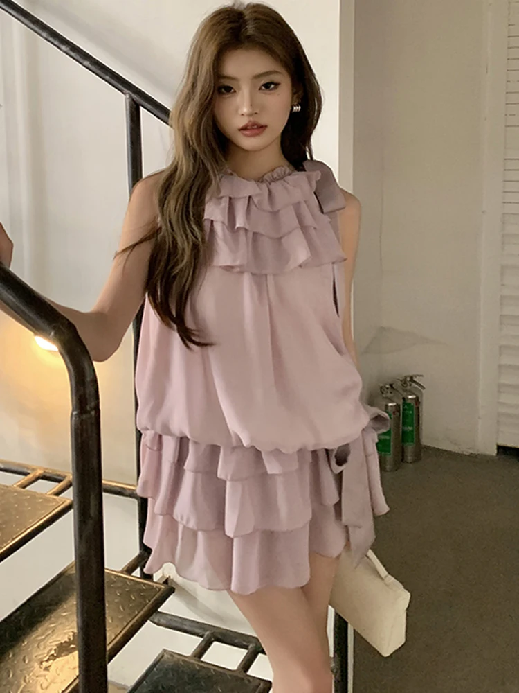 

Two Piece Set Women's 2025 Summer Sweet Ruffles Bowknot Chiffon Sleeveless Tops And Short Skirts Elegant Casual Suits