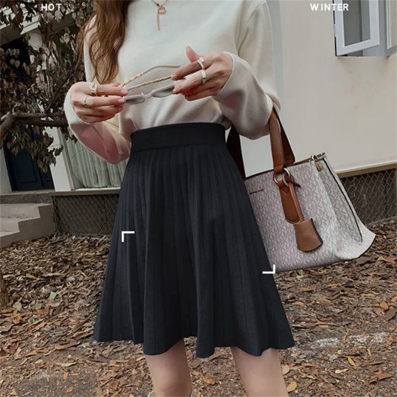 Women Skirt Short Green Beige Black Knitted Pleated Skirt A-Line High Waist Korean Spring Autumn Winter Skirt mujer faldas
