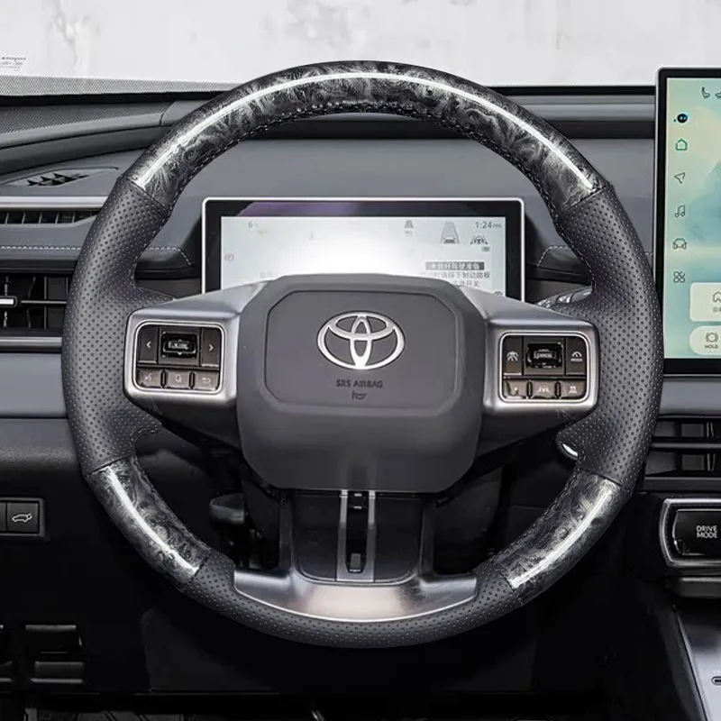 For Toyota RAV4 Wildlander 2026 Hand-stitched non-slip black genuine leather peach wood grain car steering wheel cover