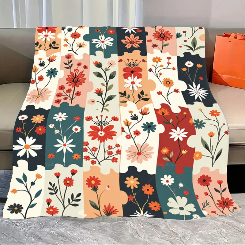 

1pc Flannel Blanket Retro Floral Puzzle Blanket - Cozy Boho Style for Living Room Decor