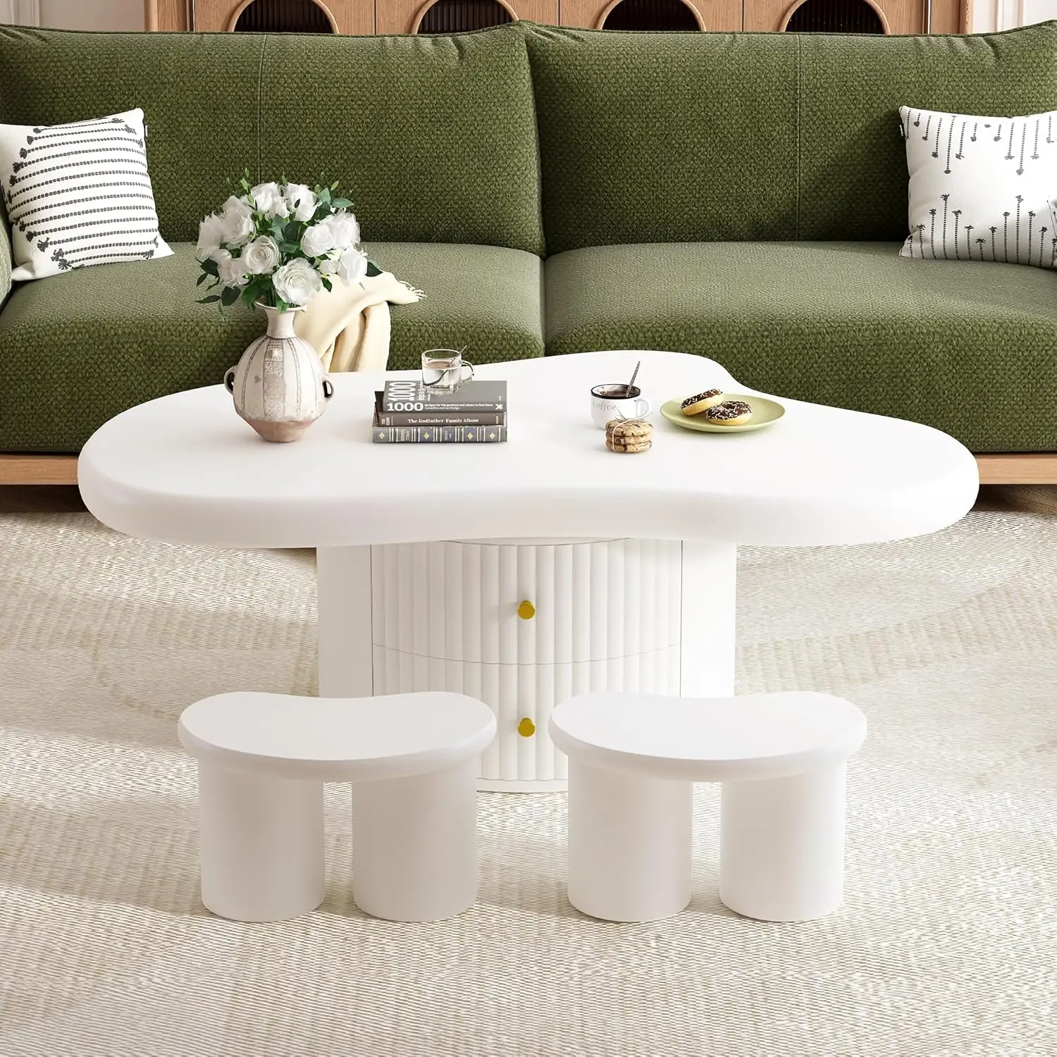 Coffee Table Set of 3, Irregular Shape Coffee Table with 2 Drawers, 2 Small Stools for Living Room, White