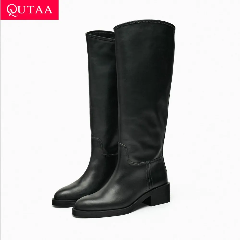 QUTAA 2024 INS Fashion Women Knee High Boots Cow Leather Winter Motorcycle Boots Warm Autumn High Heels Woman Lady Shoes 34-42