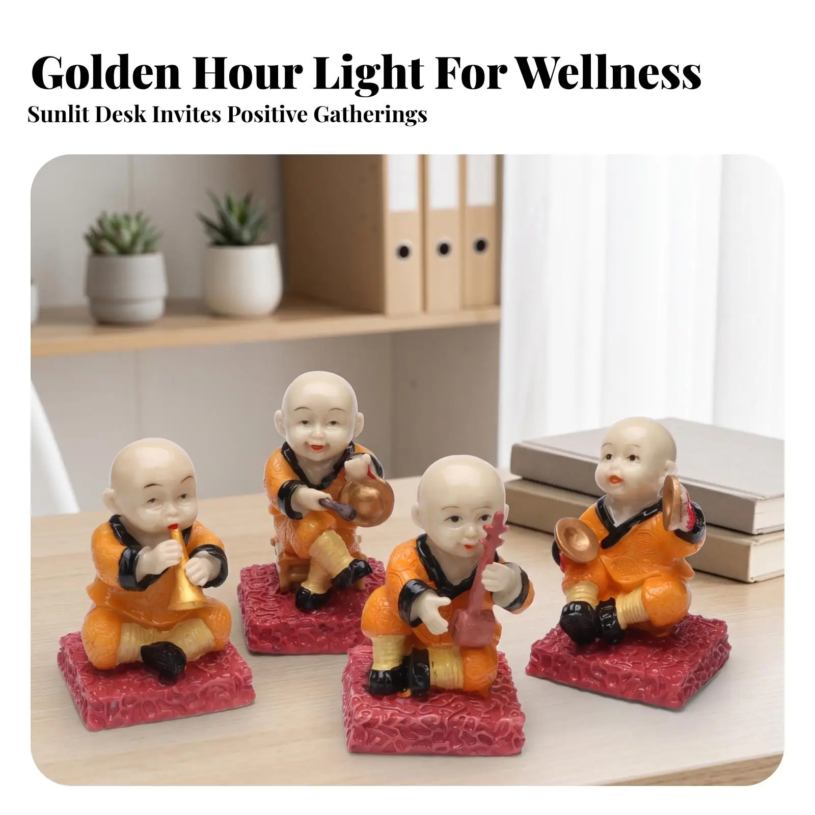 赤い台座の着座フィギュア4体セット--楽器を持った子供のフィギュア、手描き仕上げ、サンドプレイセラピー用