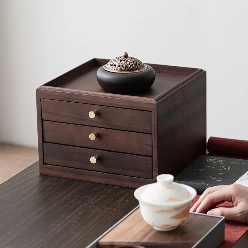 Walnut tea cake storage box Household tea room can be stacked with Pu'er box drawer type solid wood tray warehouse