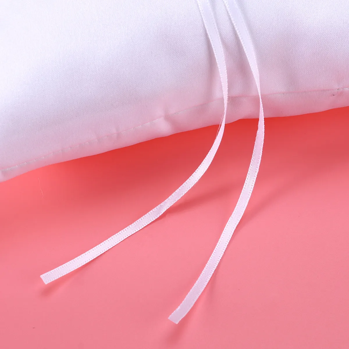 Wedding Ring Pillow Embellished Pearl Flower White Ribbon Compact Size Strap Ring Bearer Pillow for Wedding Ceremony