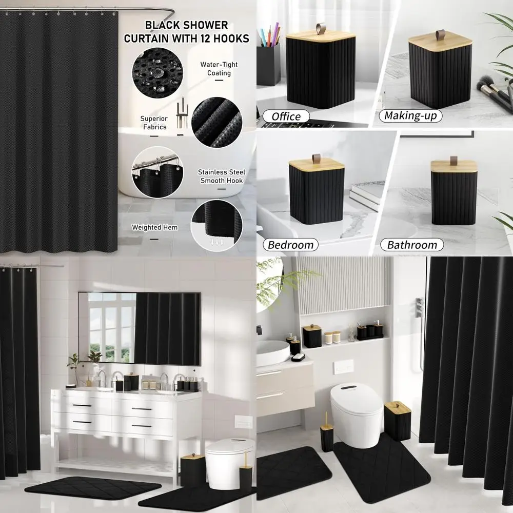 

Complete 27-Piece Black Bathroom Accessory Kit: Shower Curtain, Mats, Trash Bin, Toilet Brush, Soap Dispenser