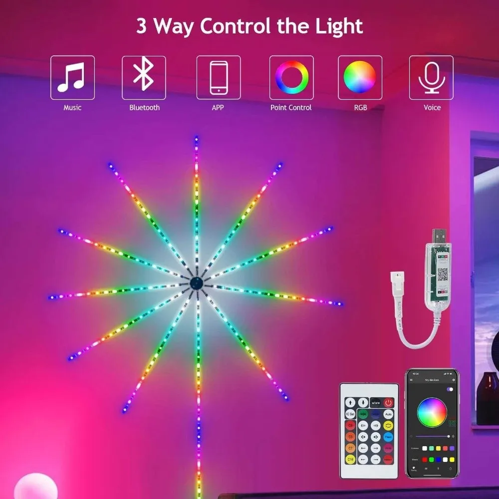 

Music Sound Sync Firework Lights LED Strip Bluetooth APP Control RGB Color RGBIC Firework Light Waterproof Remote Control