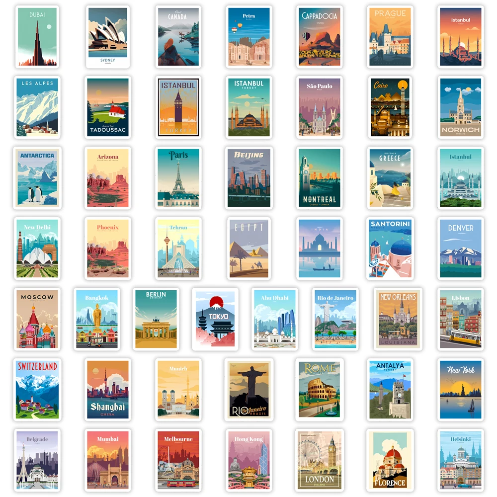 World Landmark Famous City Buildings Stickers Travel Beautiful Scenery PVC Waterproof for Laptop Phone Suitcase Skateboard Toys