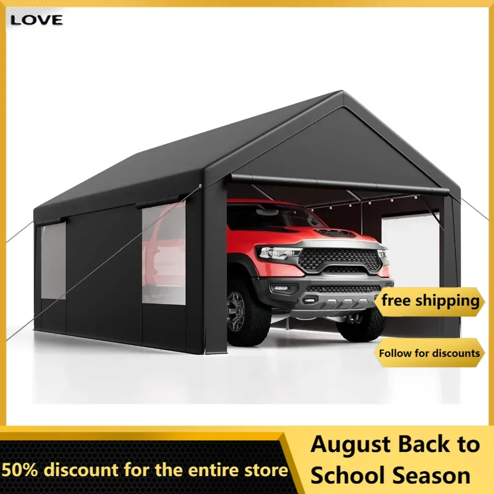 

Carport, with Roll-Up Ventilation Window, 12' x 20' Portable Garage with Removable Sides and Doors, with All Season Tarp, Gray