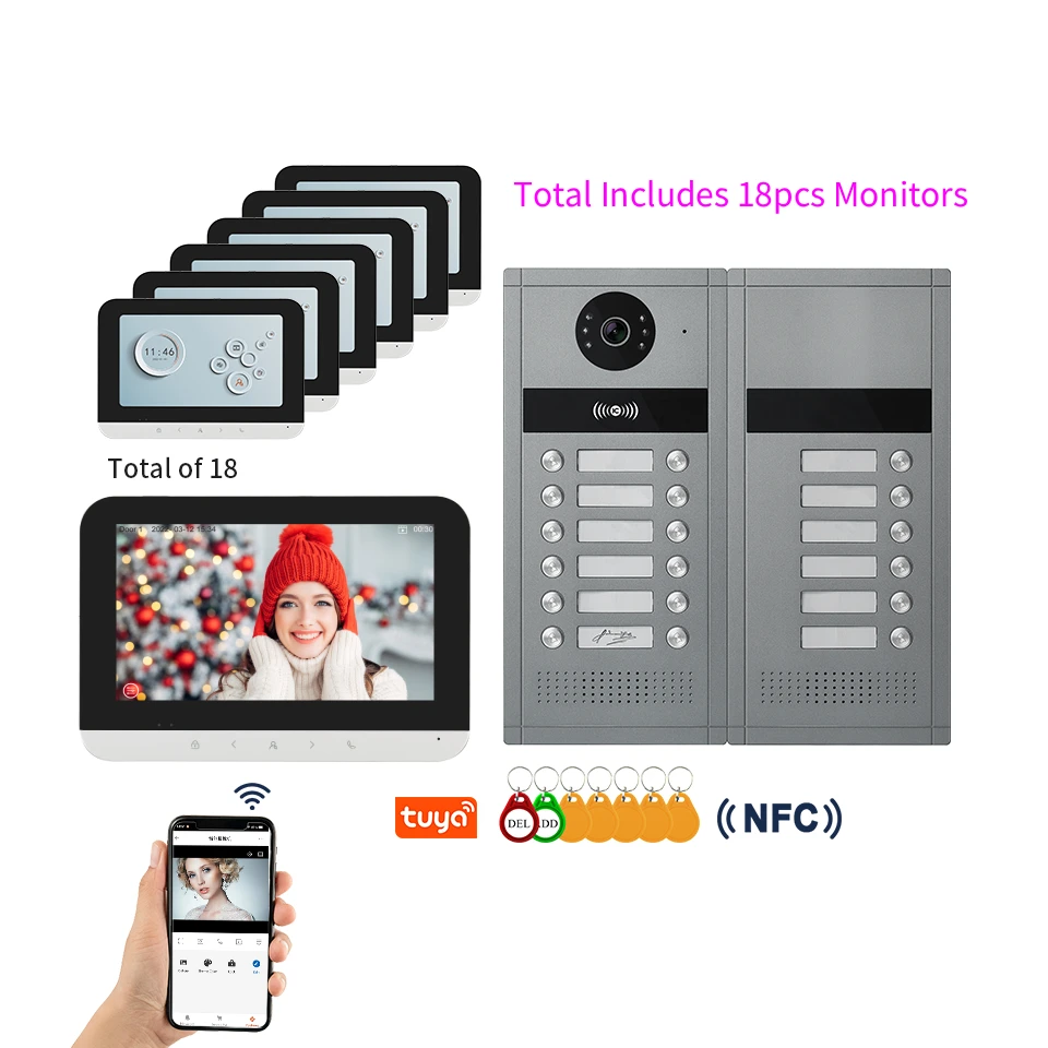 2-24 Units Apartments Residential Intercom RFID NFC Unlock Tuya 2.4G/5G WiFi Doorbell AHD 1080P Video Door Phone System