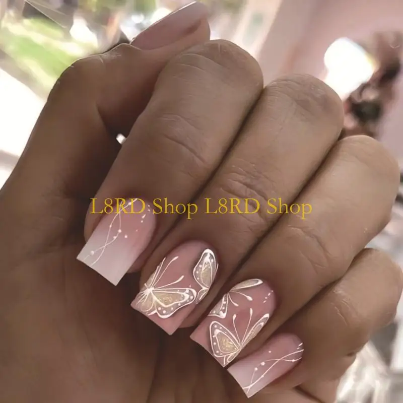 L8RD 24Pcs Butterfly Fake Glossy Press on False Tips Artificial