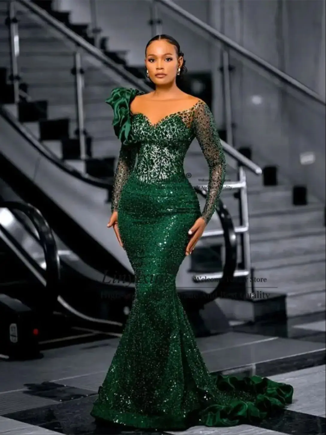 Glitzernde Kristalle, Pailletten, Meerjungfrau-Abschlussballkleider, Übergröße, formelle Dubai-Abendparty, maßgeschneidertes Aso ebi-Hochzeitsempfangskleid