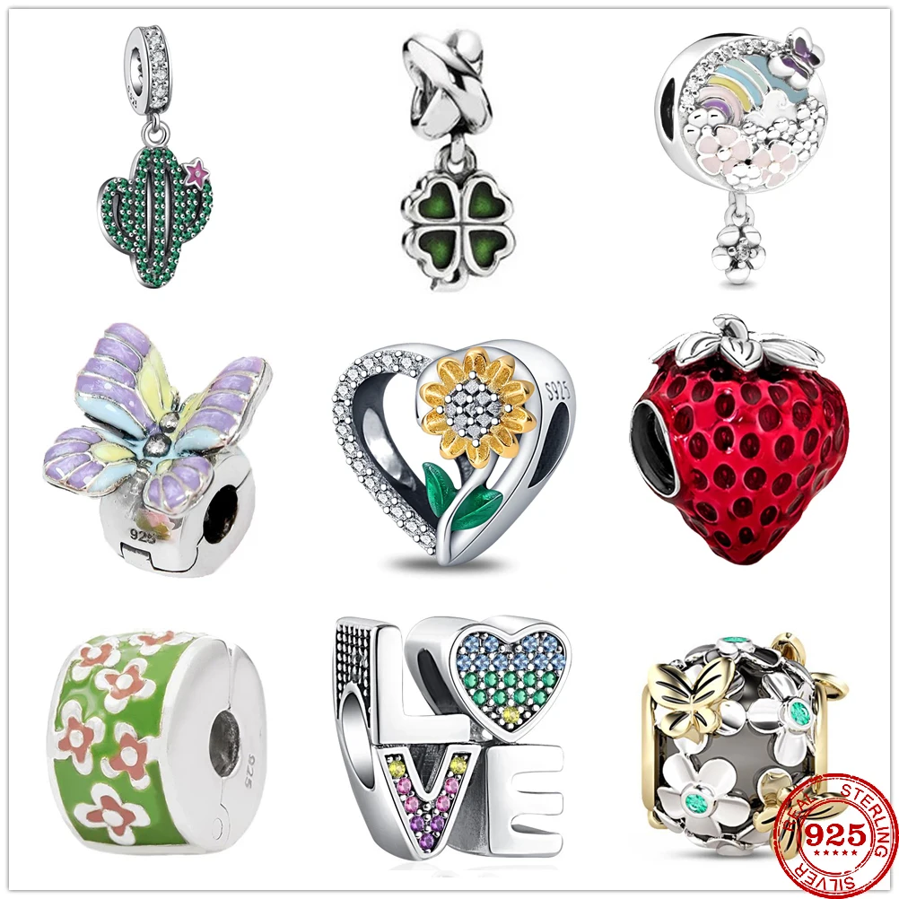 2023 New Cactus Vase Rainbow & Flower Butterfly Clip Beads fit Original Pendant Charms Silver 925 Bracelet DIY Women Jewelry