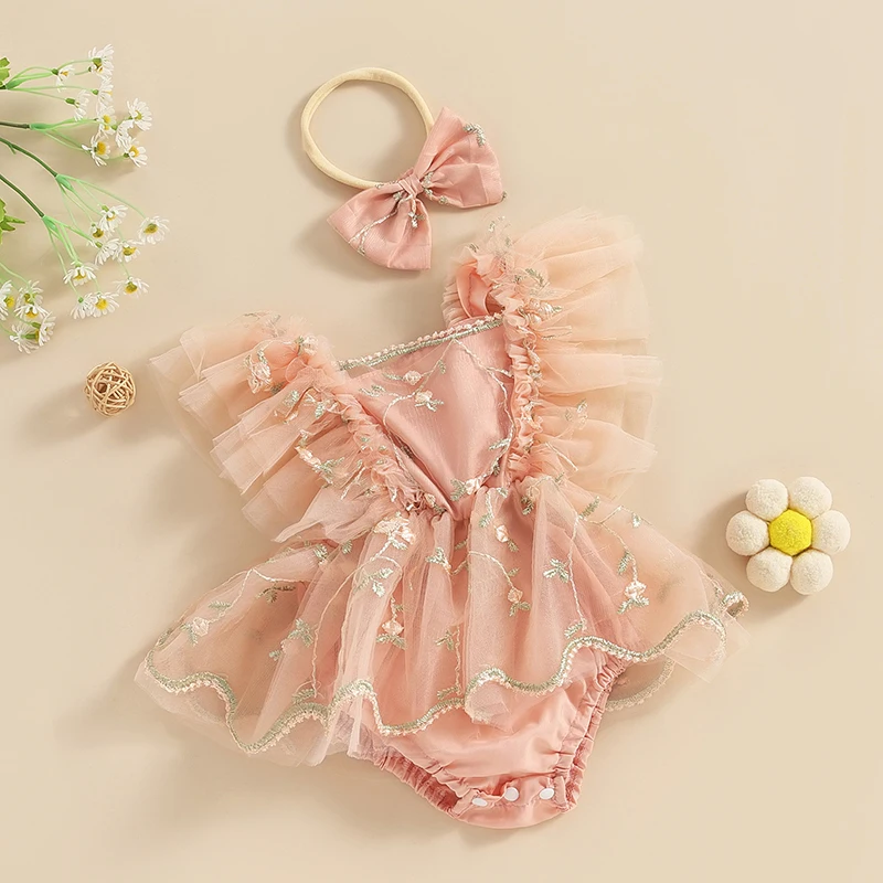 Infant Baby Girls Romper Dress Fly Sleeve Square-Neck Floral Embroidery Tulle Jumpsuit with Bow Headband